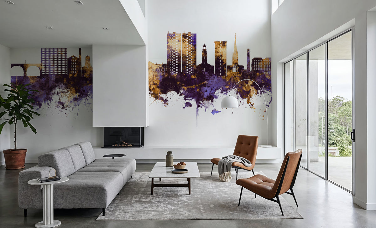 Stockport England Skyline Purple & Gold Mural Wallpaper - room preview 04