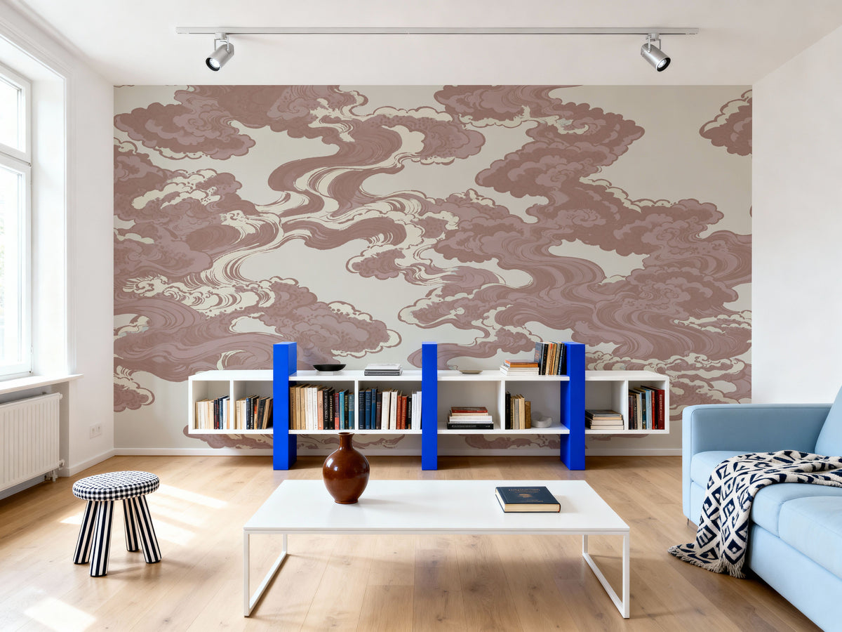 Ukiyo-e Clouds, Dusty Rose Mural Wallpaper - room preview 04