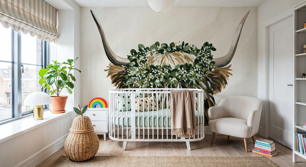 Harvest Cow Sage Texture Light Mural Wallpaper - room preview 04