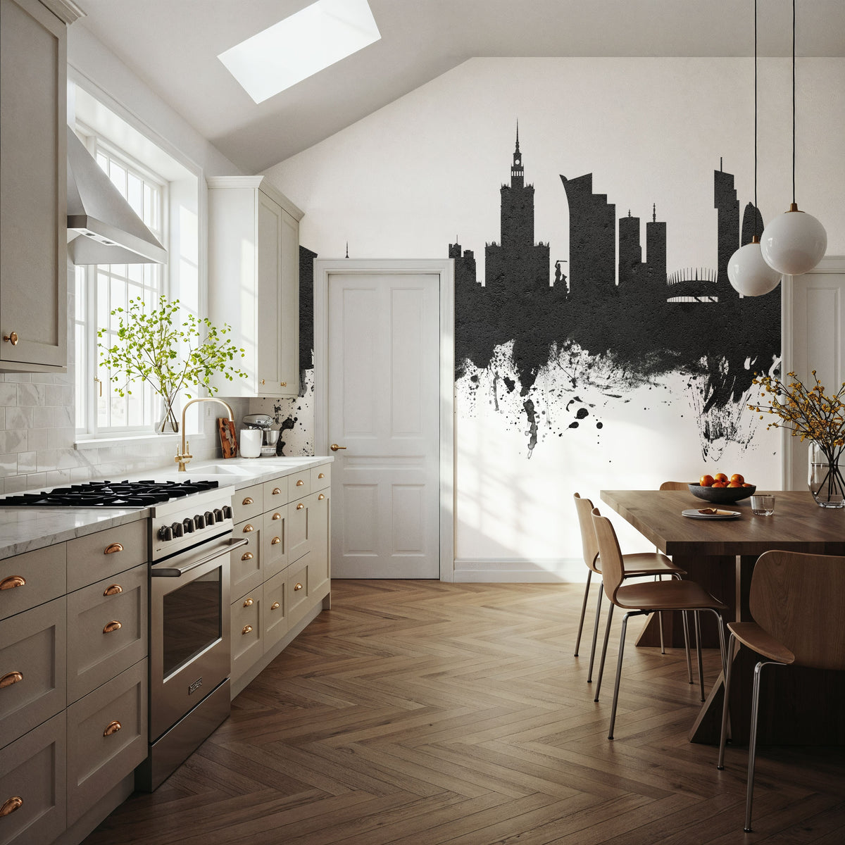 Warsaw Poland Skyline Black & White Mural Wallpaper - room preview 04