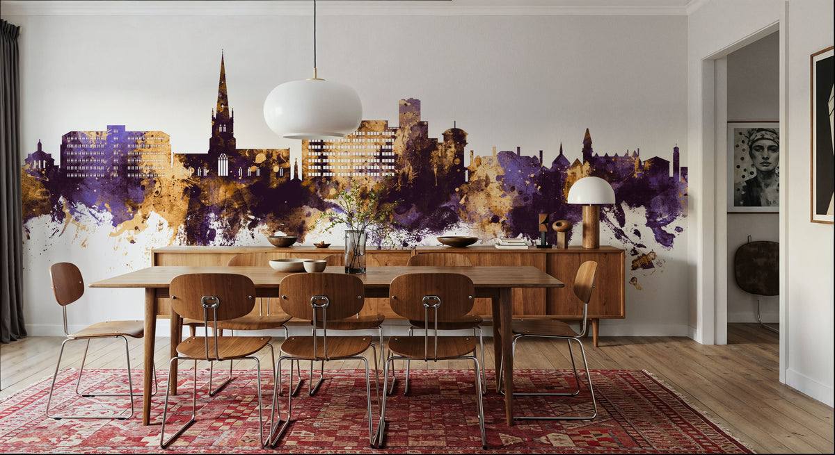 Solihull England Skyline Purple & Gold Mural Wallpaper - room preview 04