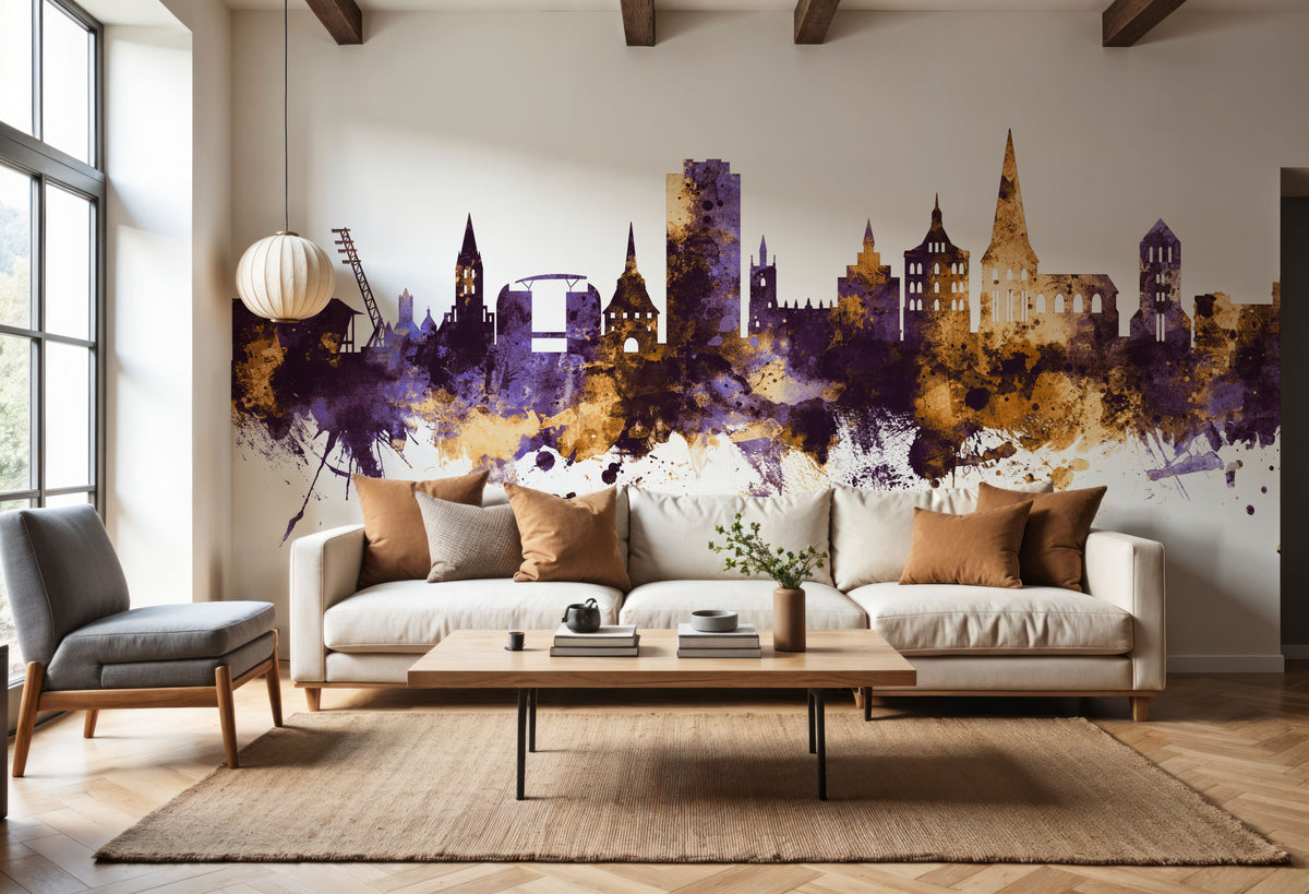 Rostock Germnay Skyline Purple & Gold Mural Wallpaper - room preview 04