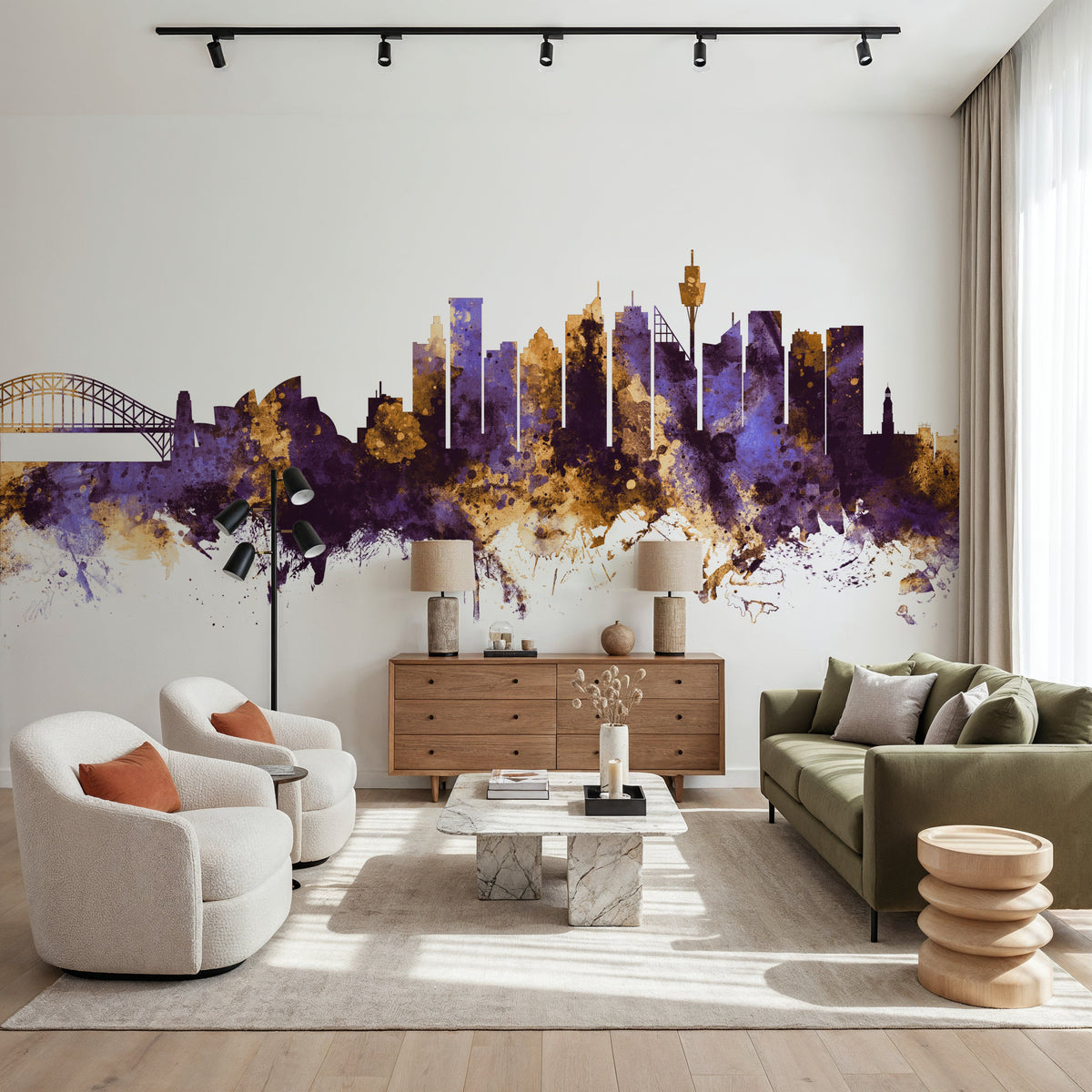 Sydney Australia Skyline Purple & Gold Mural Wallpaper - room preview 04