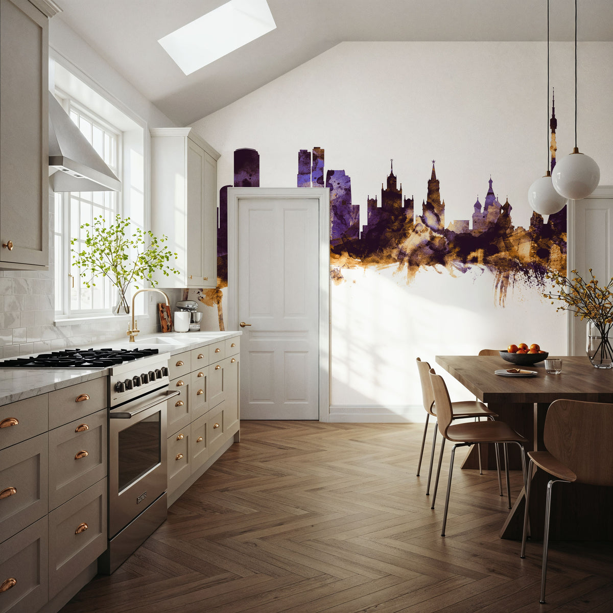 Moscow Russia Skyline Purple & Gold Mural Wallpaper - room preview 04