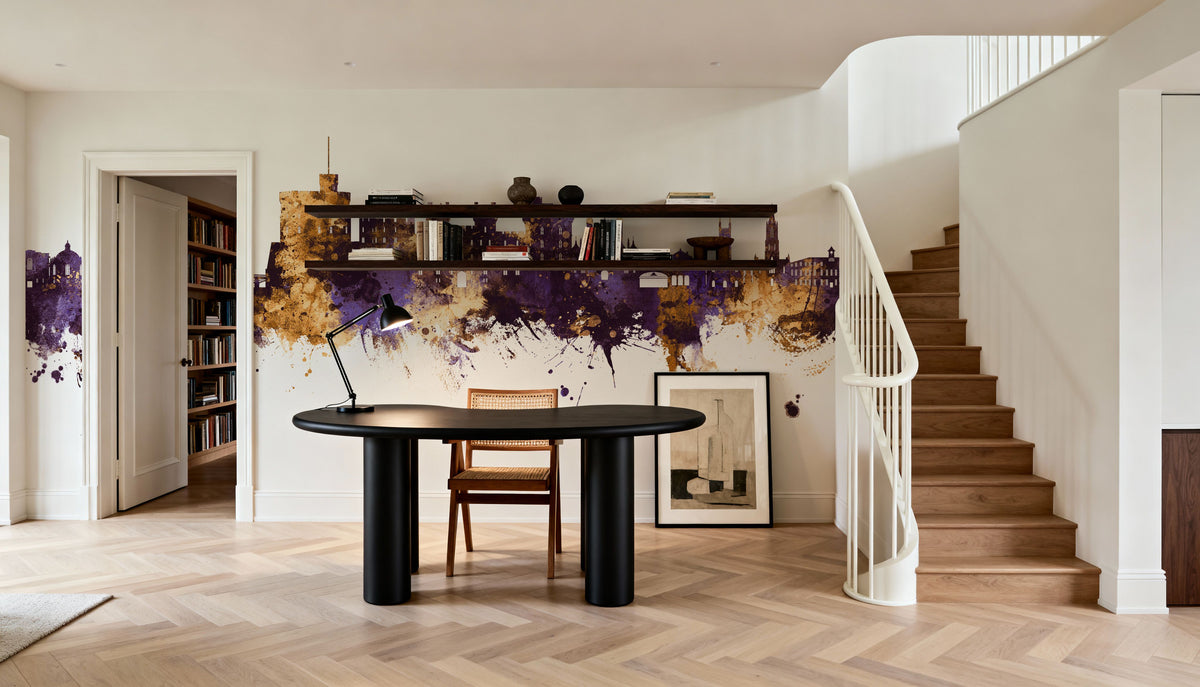 Windsor England Skyline Purple & Gold Mural Wallpaper - room preview 04