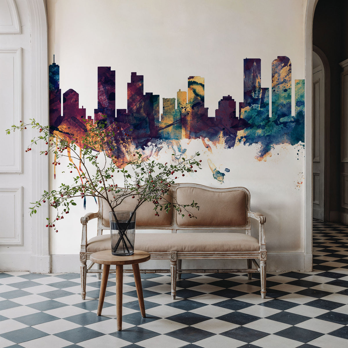 Denver Skyline Blue & Bronze Mural Wallpaper - room preview 04