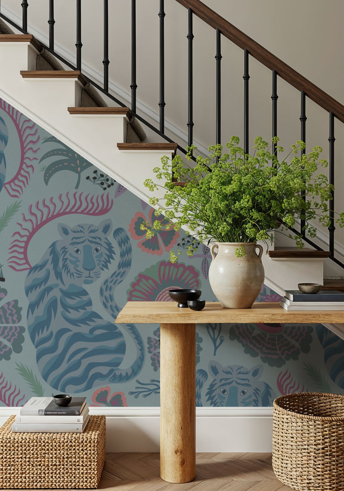 Painterly Tigers Light Blue Mural Wallpaper - room preview 04