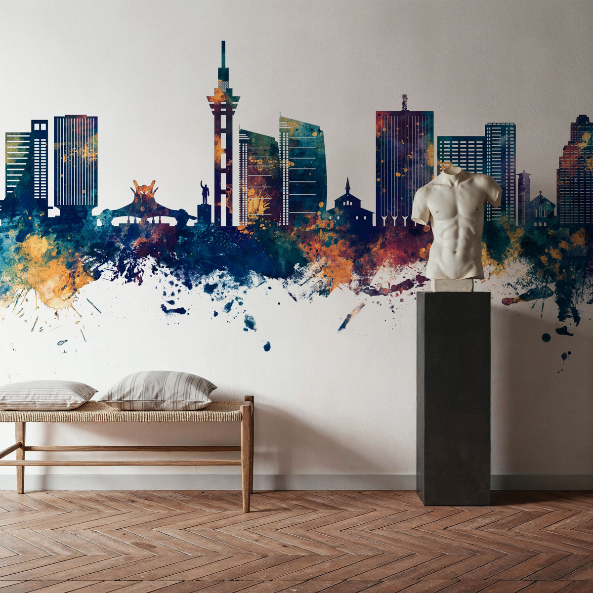 Kinshasa Skyline Blue & Bronze Mural Wallpaper - room preview 04