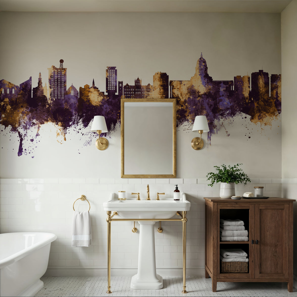 Madison Wisconsin Skyline Purple & Gold Mural Wallpaper - room preview 04