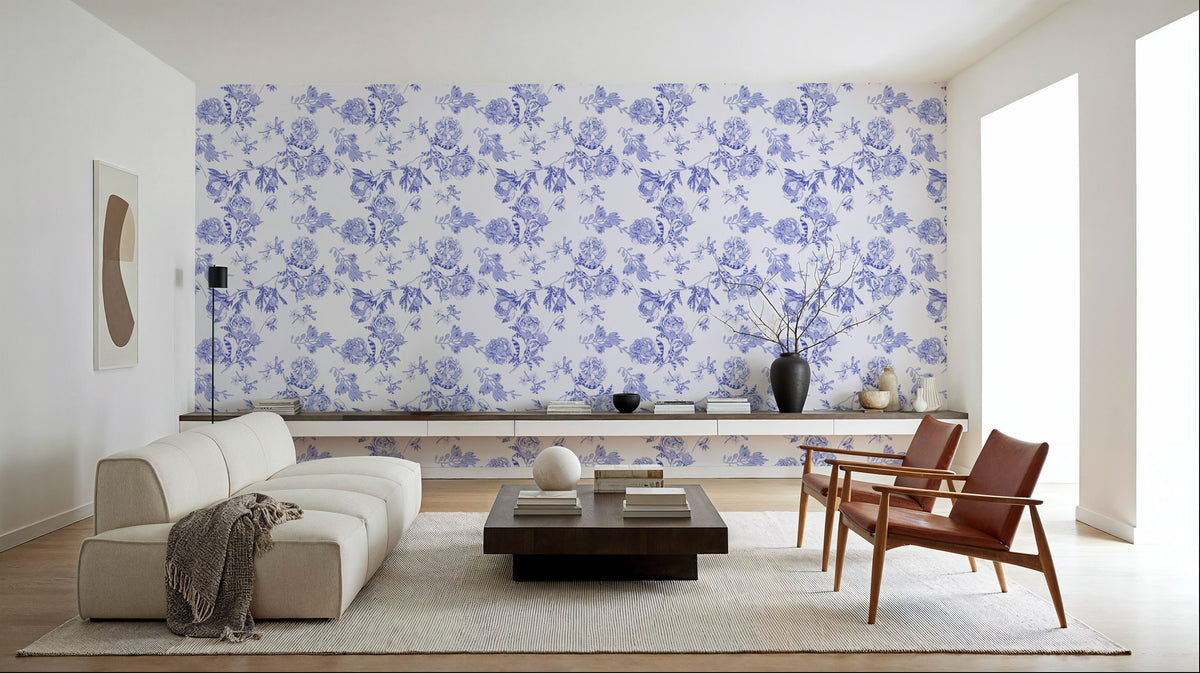 Peony Passion, Blue on White Mural Wallpaper - room preview 04