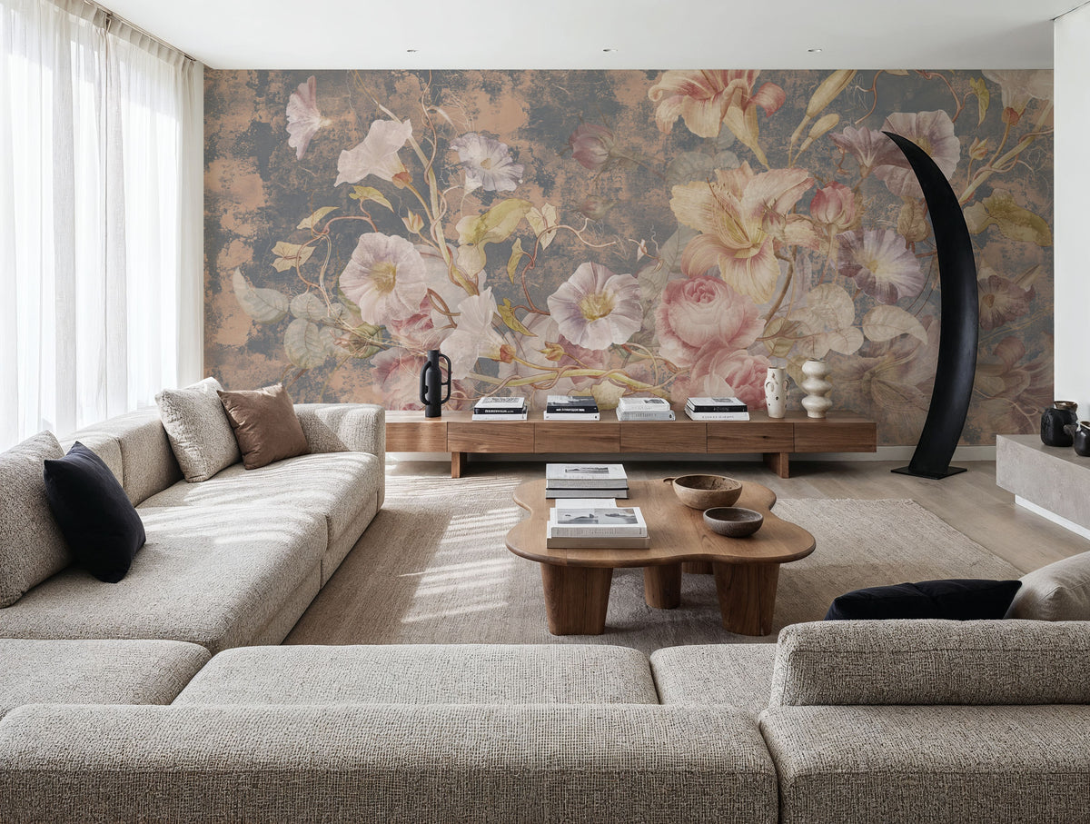 Floral Grunge Singing Mural Wallpaper - Red Tone - room preview 04