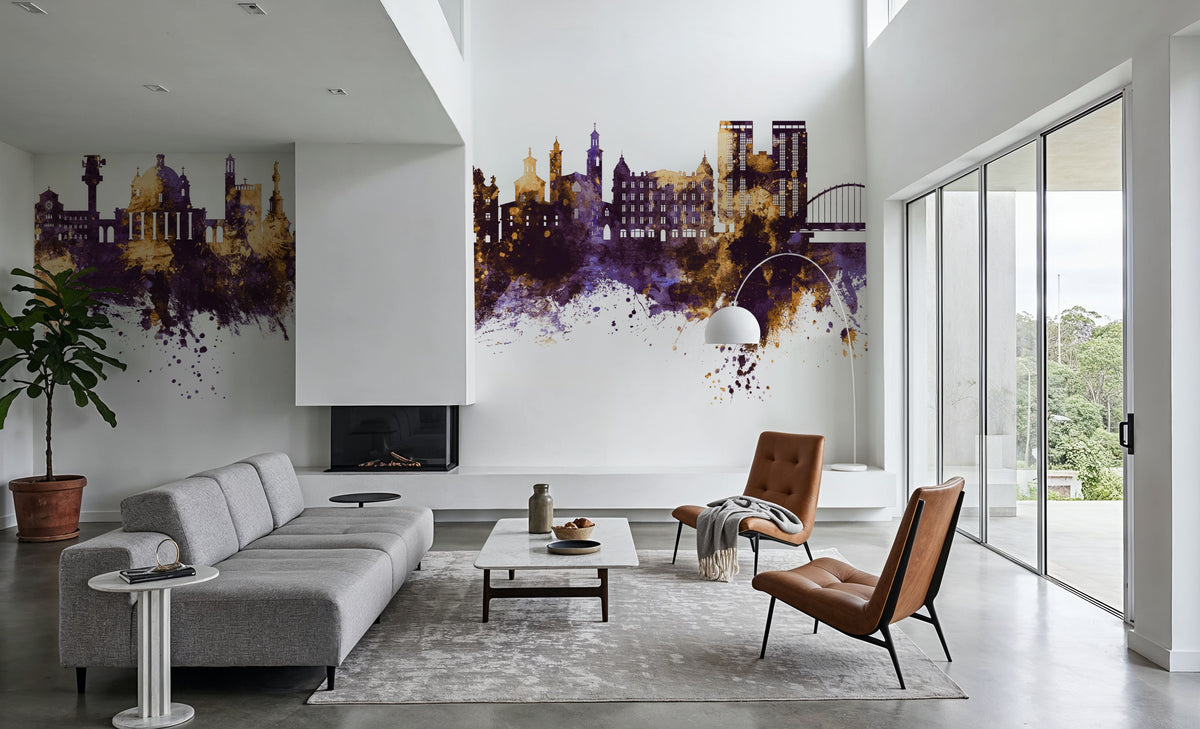 Pamplona Spain Skyline Purple & Gold Mural Wallpaper - room preview 04