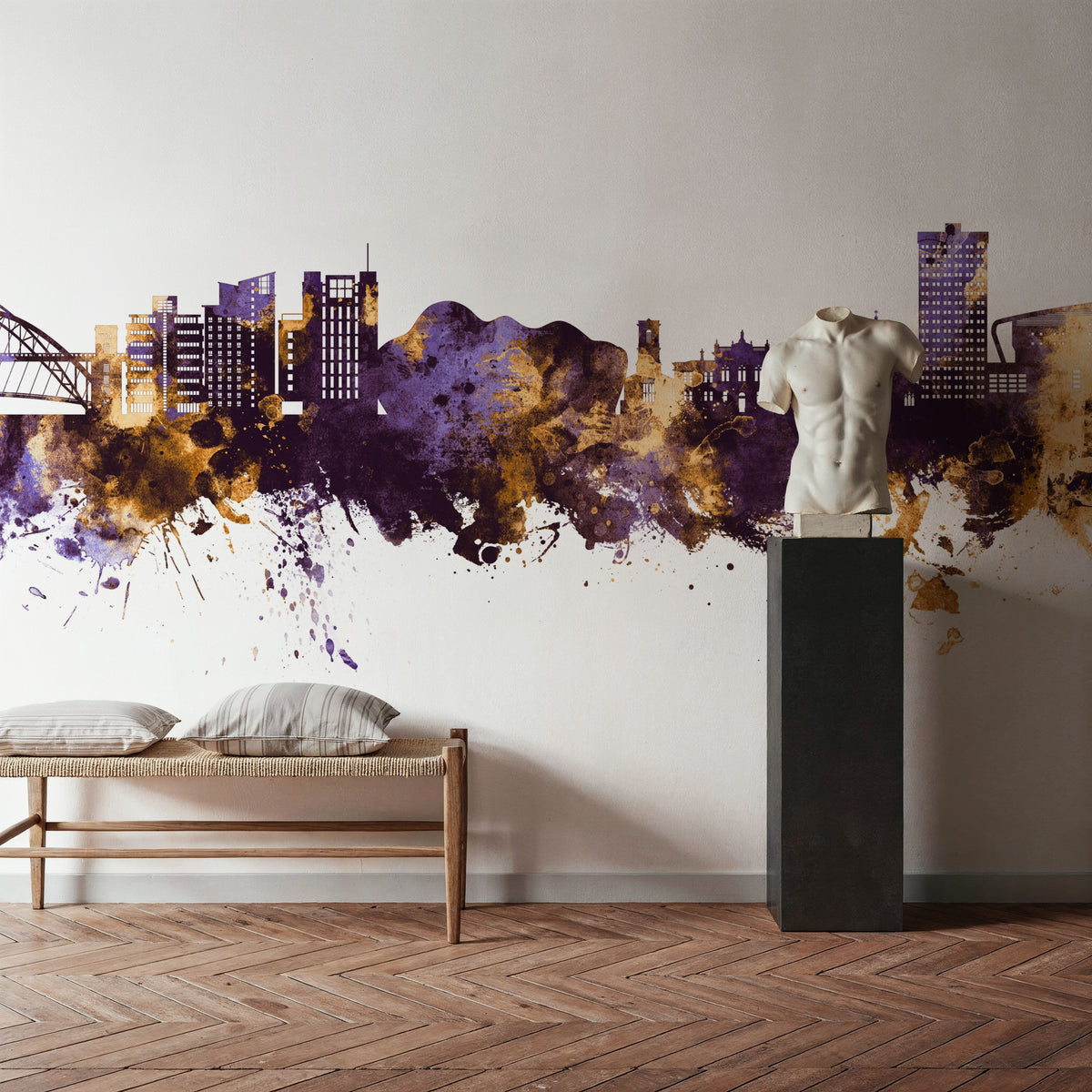 Gateshead England Skyline Purple & Gold Mural Wallpaper - room preview 04