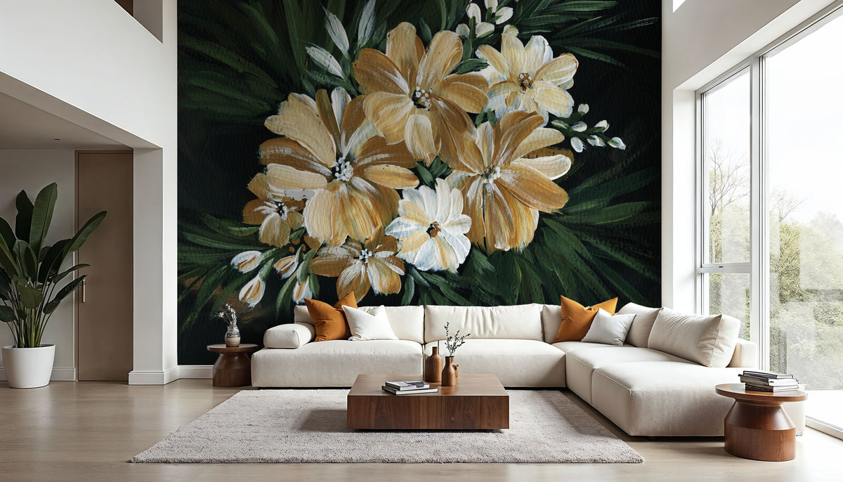 Moody Golden Florals Mural Wallpaper - room preview 04
