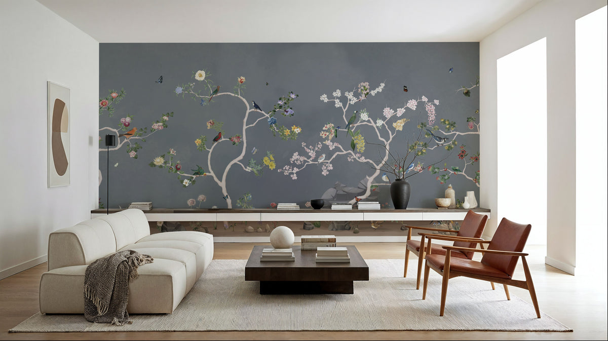 Birds in the Garden Dark Blue Mural Wallpaper - room preview 04