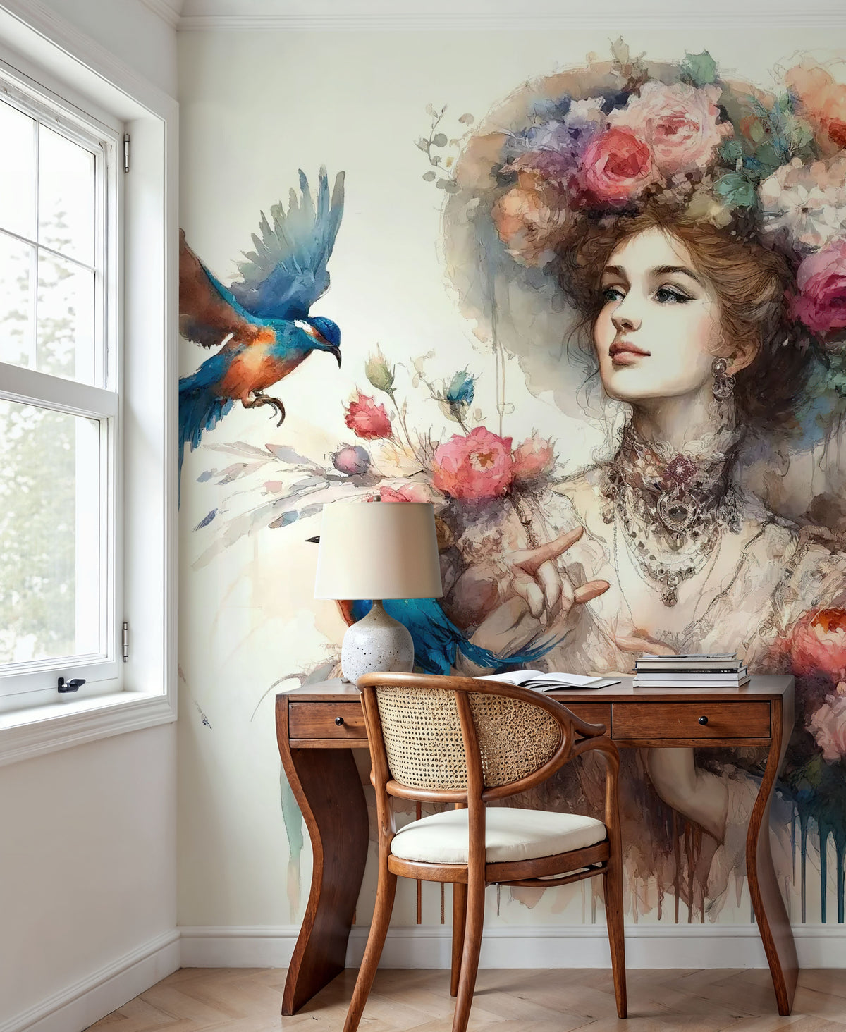 Enchanting Lady Amidst Blooms and Birds Mural Wallpaper - room preview 04