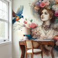 Enchanting Lady Amidst Blooms and Birds Mural Wallpaper - room preview 04