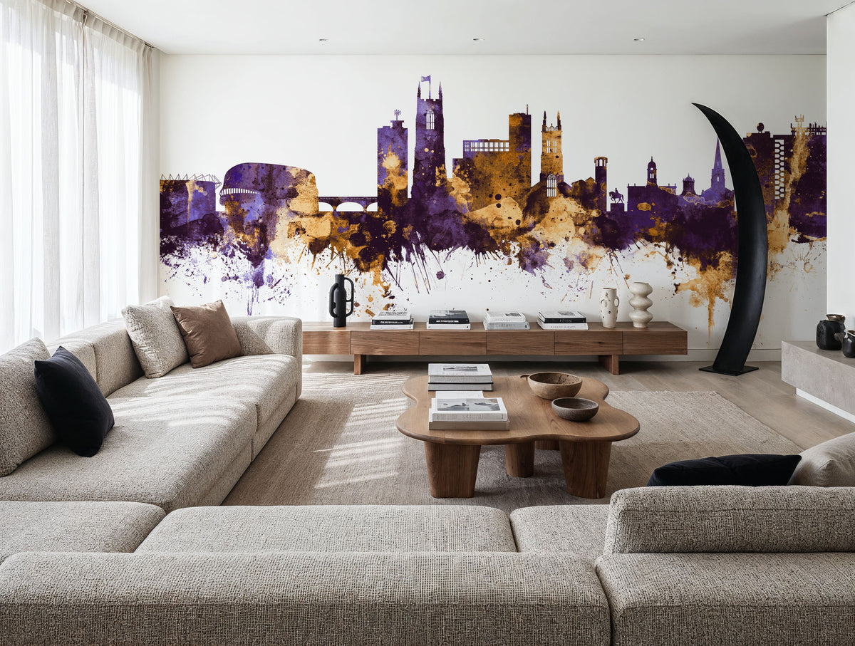 Derby England Skyline Purple & Gold Mural Wallpaper - room preview 04
