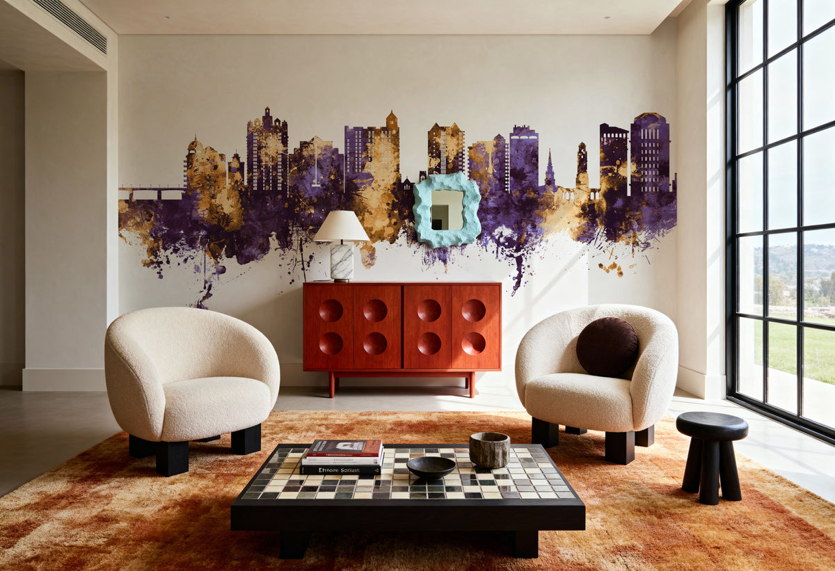 Sarasota Florida Skyline Purple & Gold Mural Wallpaper - room preview 04