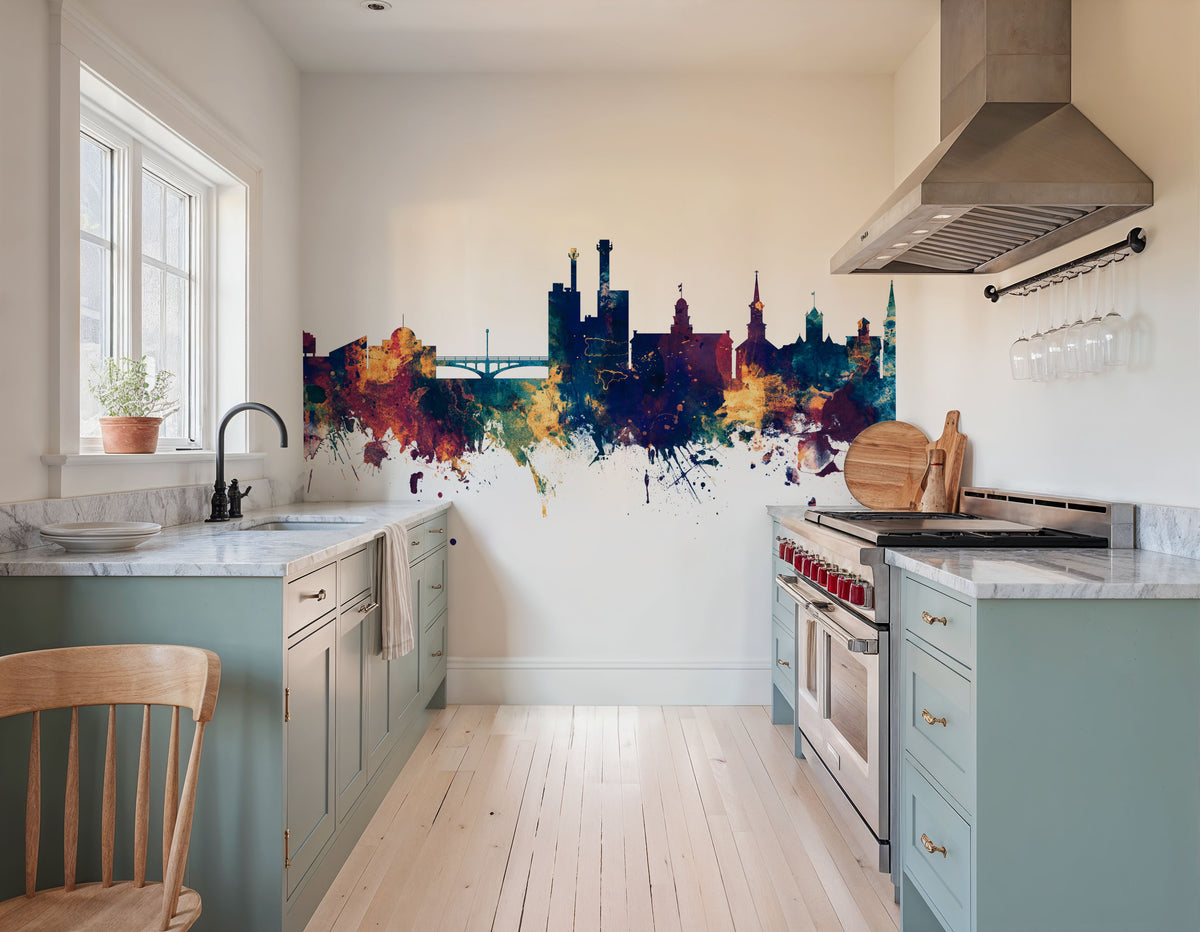 Iowa City Skyline Blu & Bronze Mural Wallpaper - room preview 04