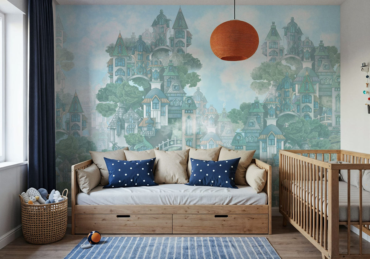 Treehouse Neighborhood Cool Pastel Mural Wallpaper - room preview 04