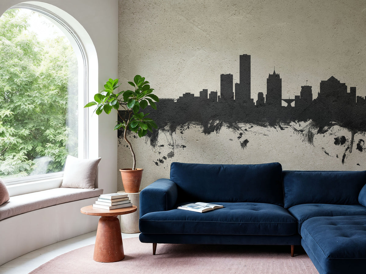 Milwaukee Wisconsin Skyline Concrete Mural Wallpaper - room preview 04