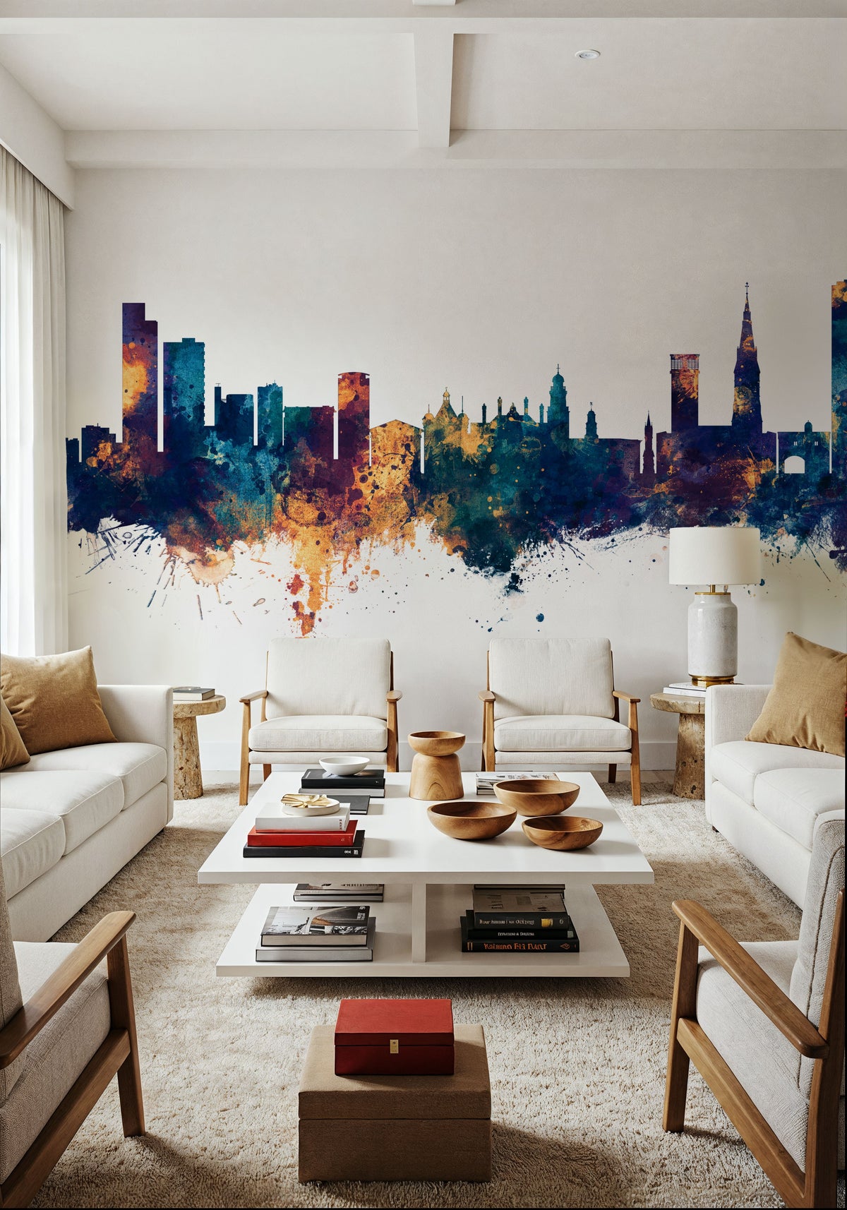 Leicester England Skyline Blue & Bronze Mural Wallpaper - room preview 04