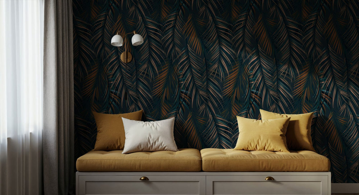 Swaying Palm Leaves, Teal Mural Wallpaper - room preview 04