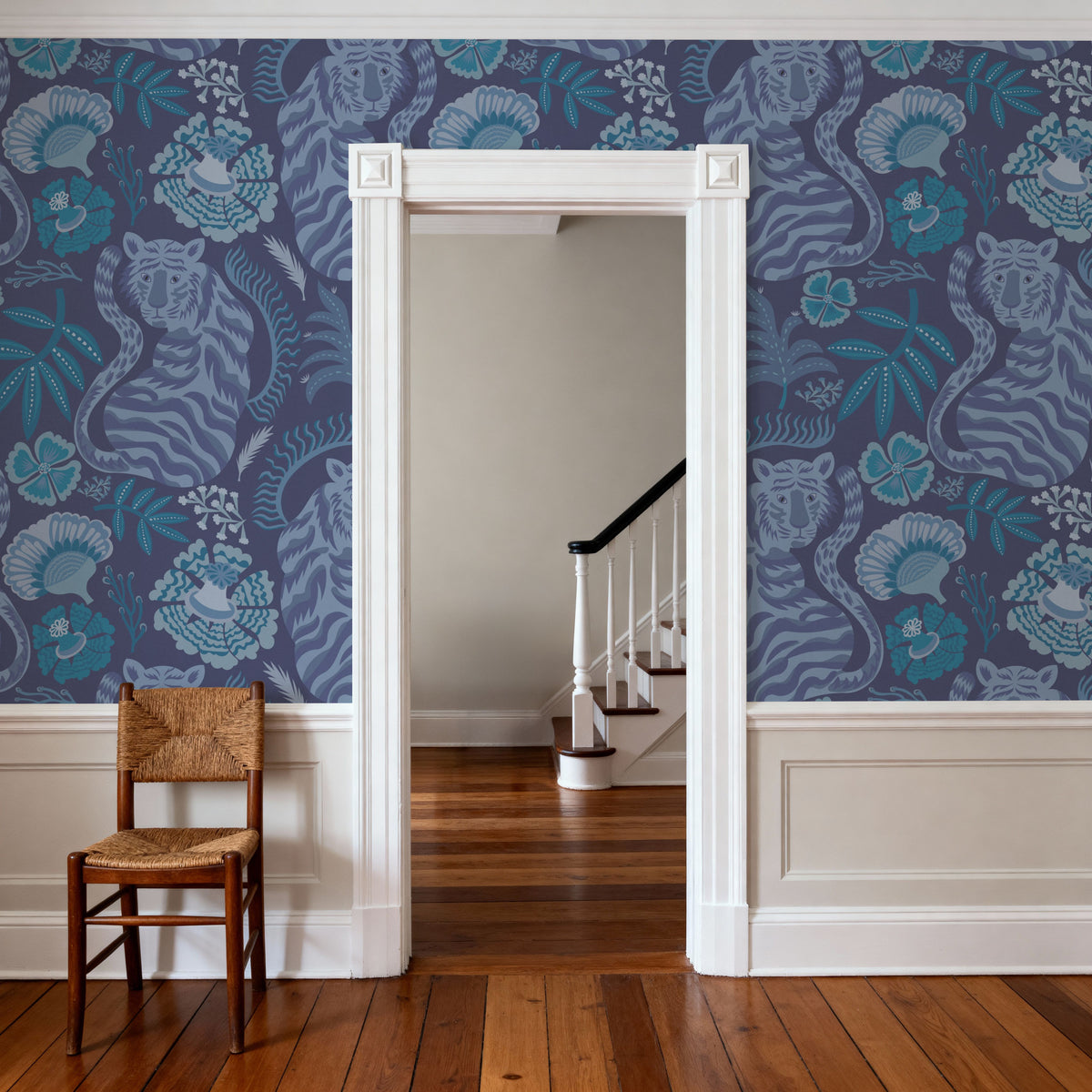 Painterly Tigers Blue Mural Wallpaper - room preview 04