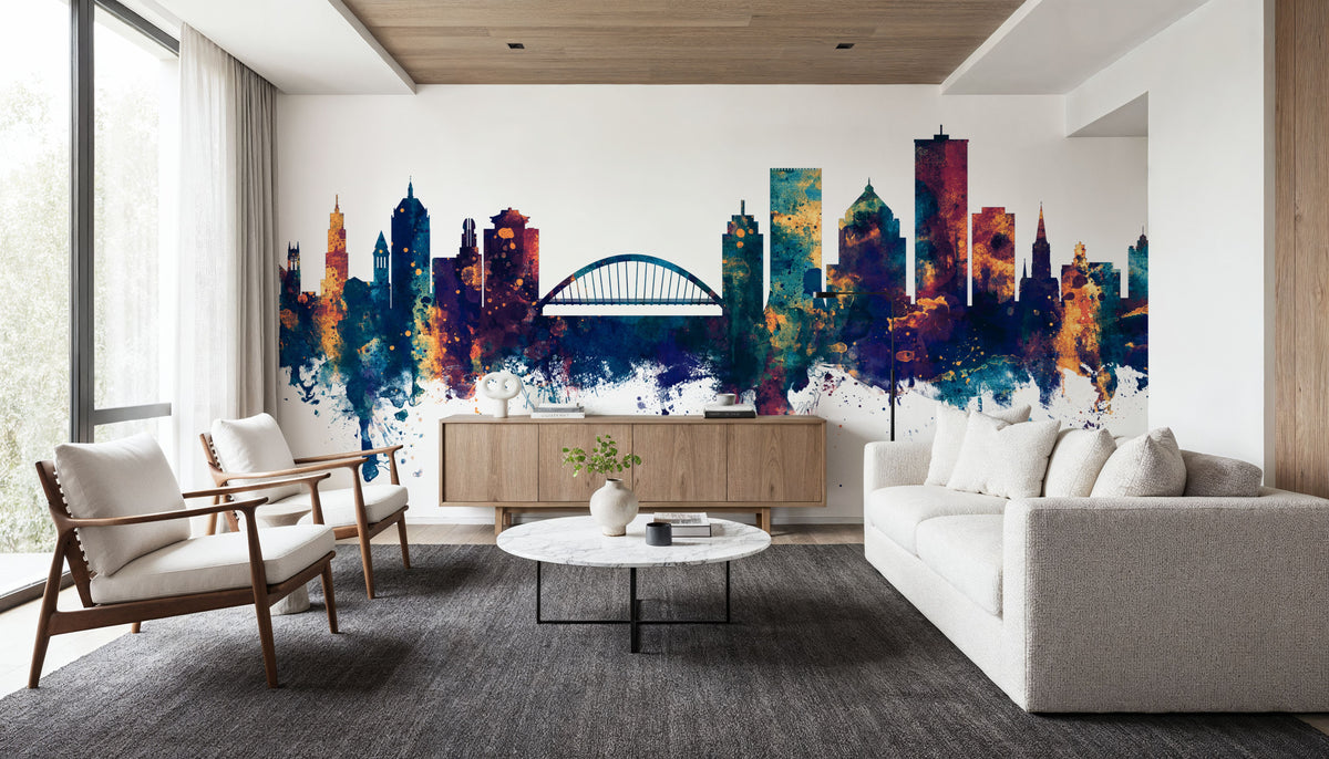 Rochester New York Skyline Blue & Bronze Mural Wallpaper - room preview 04