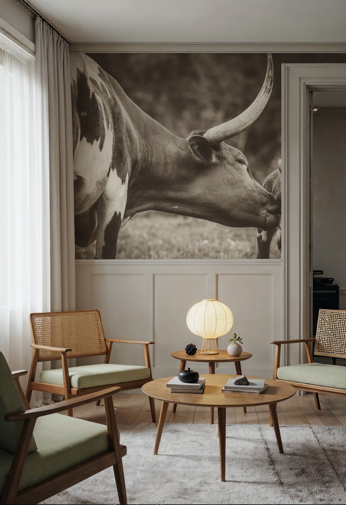 Longhorn Pasture Pair Sepia Mural Wallpaper - room preview 04