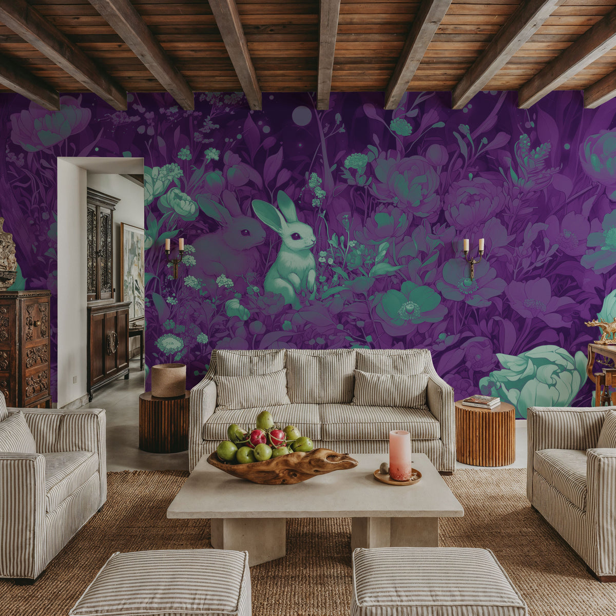 Rabbits Purple Mural Wallpaper - room preview 04