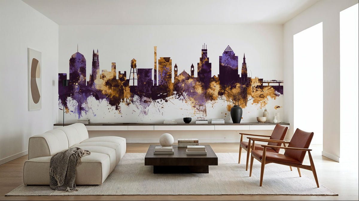 Durham North Carolina Skyline Purple & Gold Mural Wallpaper - room preview 04