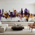 Durham North Carolina Skyline Purple & Gold Mural Wallpaper - room preview 04