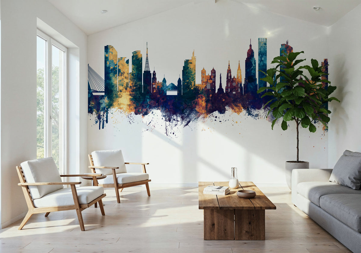 São Paulo Brazil Skyline Blue & Bronze Mural Wallpaper - room preview 04