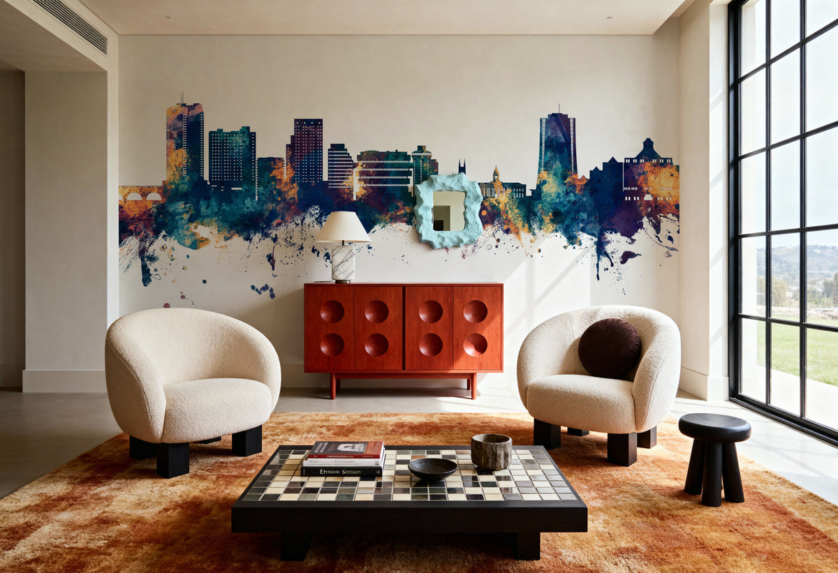 Stamford Connecticut Skyline Blue & Bronze Mural Wallpaper - room preview 04