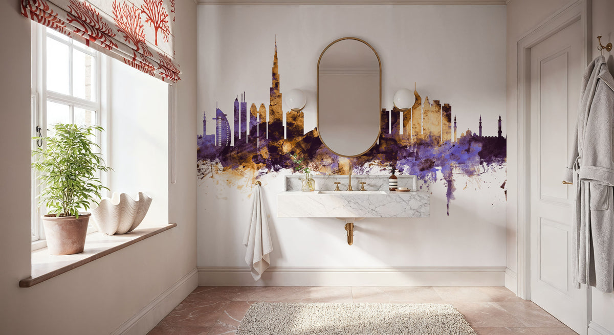 Dubai Skyline Purple & Gold Mural Wallpaper - room preview 04