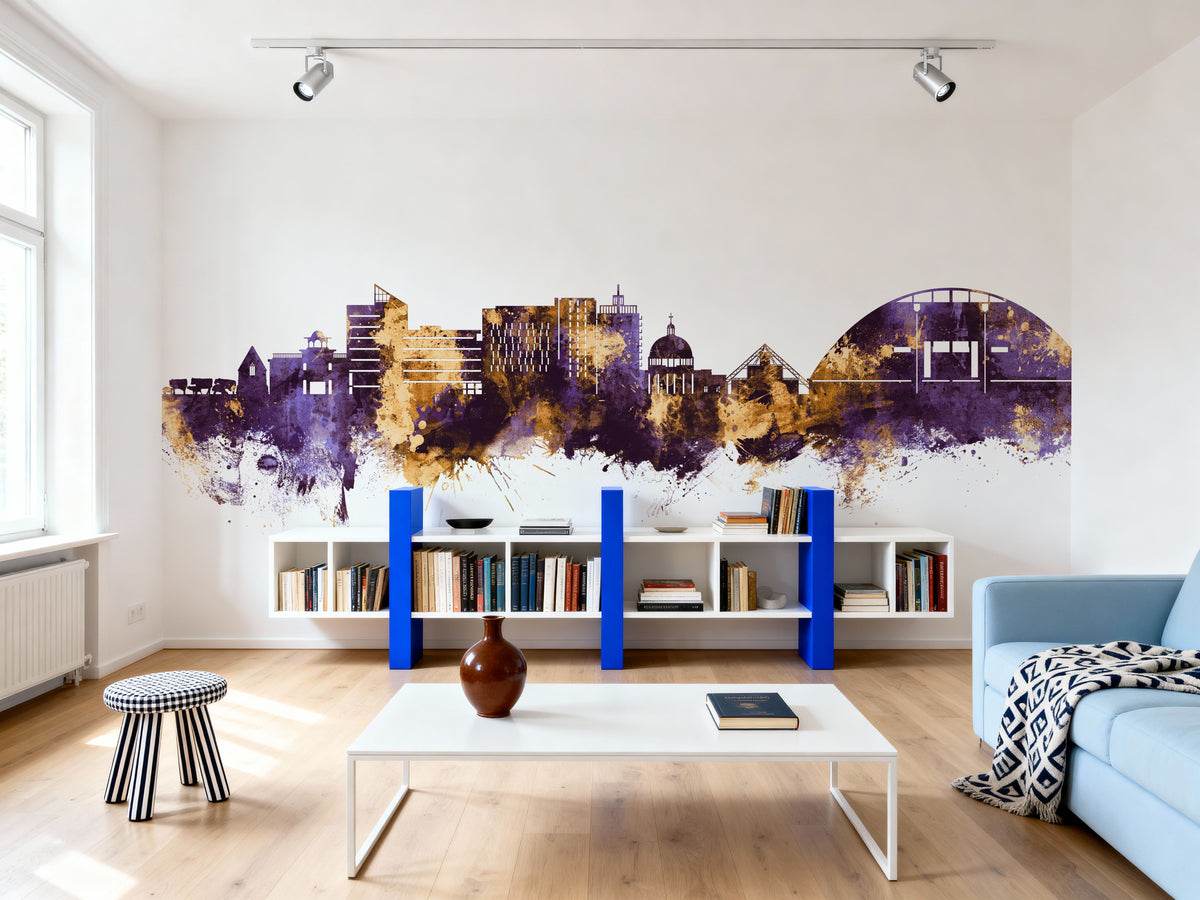Milton Keynes England Skyline Purple & Gold Mural Wallpaper - room preview 04