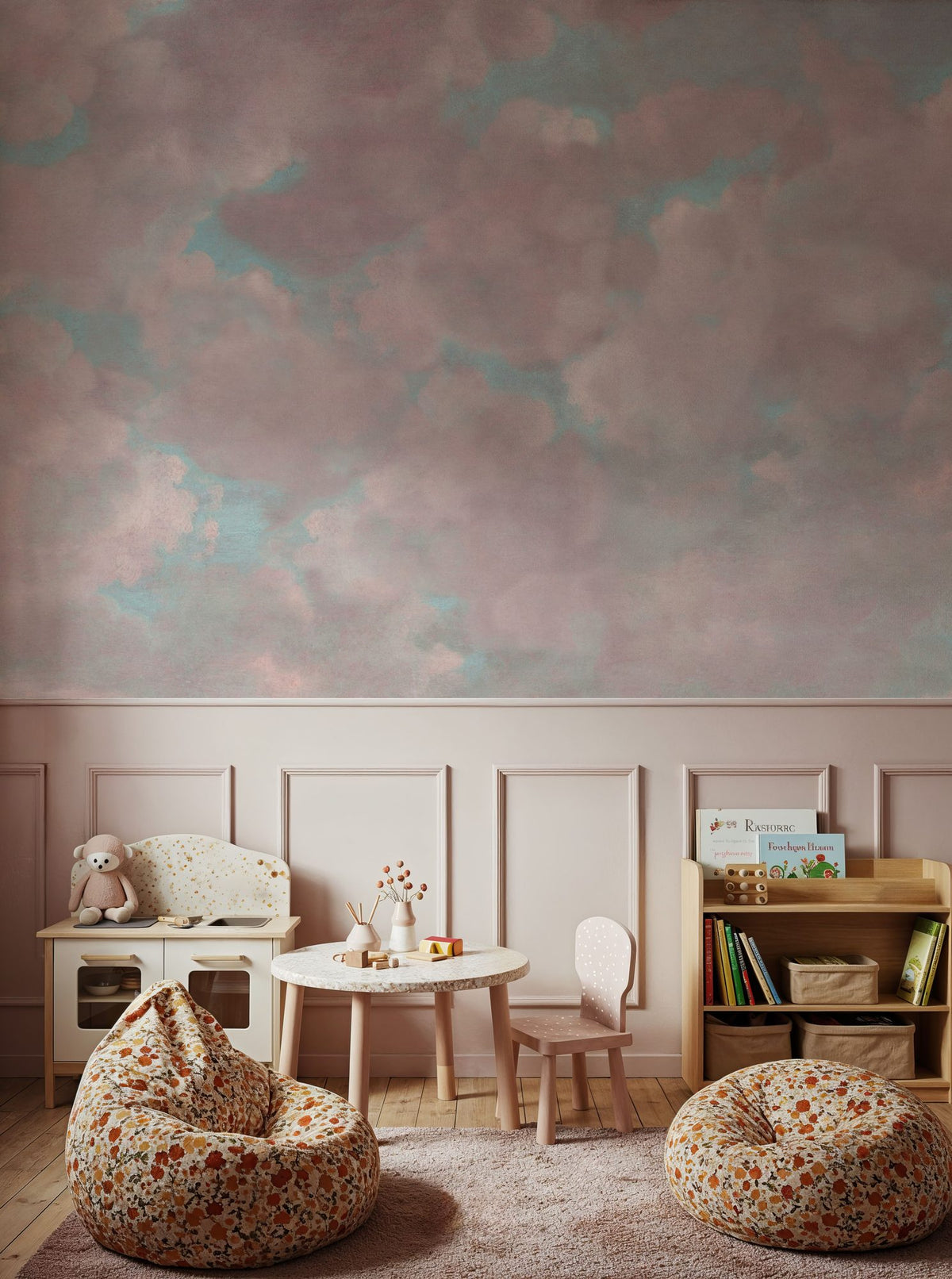 Painted Dreamy Clouds, Pink Mural Wallpaper - room preview 04
