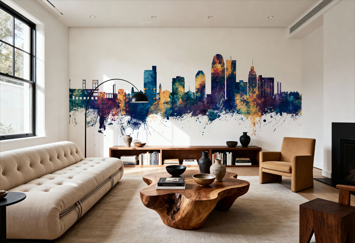 Winston-Salem North Carolina Skyline Blue & Bronze Mural Wallpaper - room preview 04