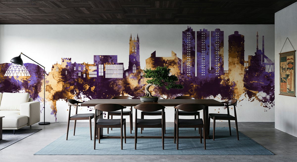 Scunthorpe England Skyline Purple & Gold Mural Wallpaper - room preview 04