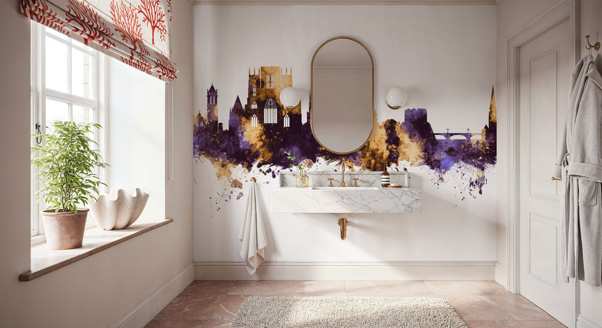 York England Skyline Purple & Gold Mural Wallpaper - room preview 04