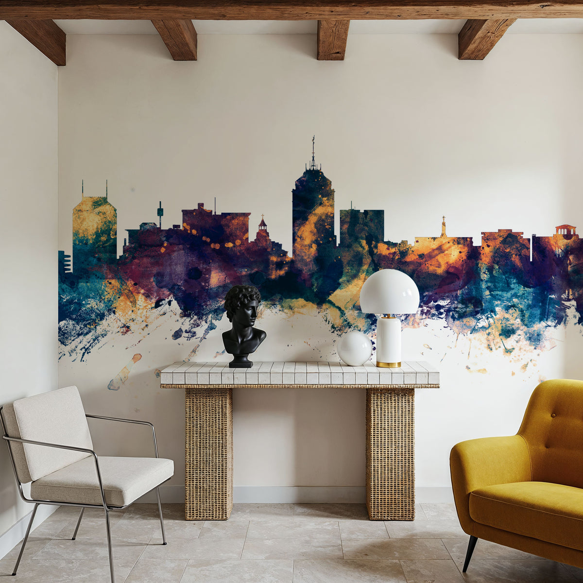 Fresno California Skyline Blue & Bronze Mural Wallpaper - room preview 04