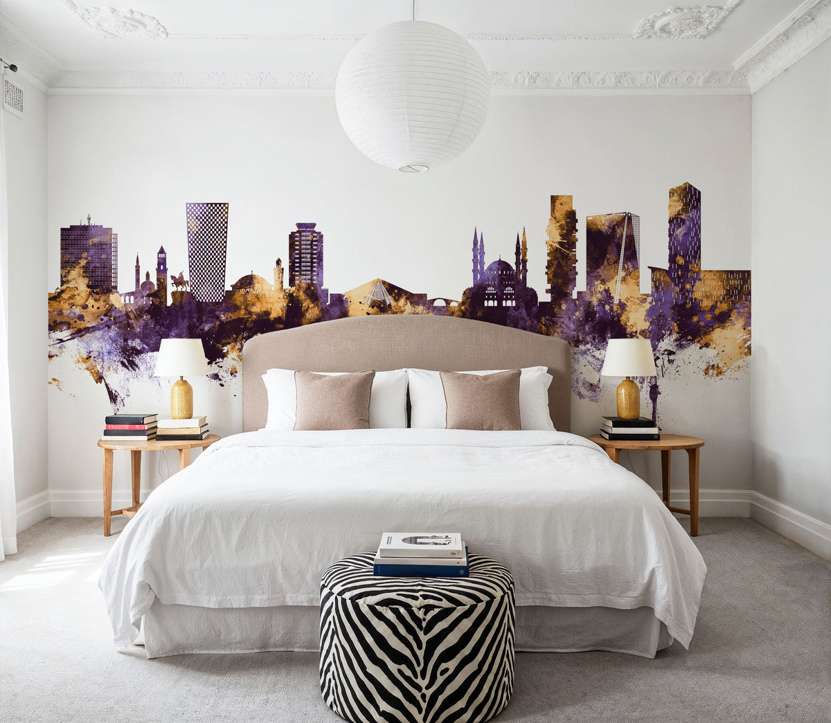 Tirana Skyline Purple & Gold Mural Wallpaper - room preview 04