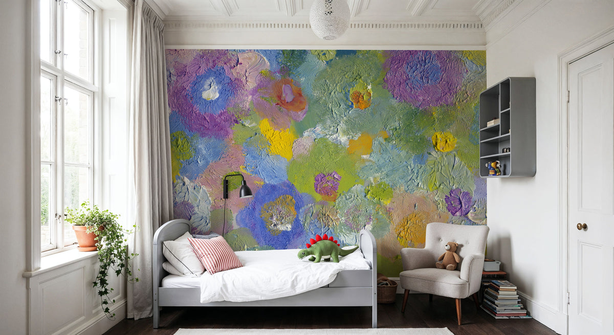 Happy Oil Painted Flowers, Blue & Purple Mural Wallpaper - room preview 04
