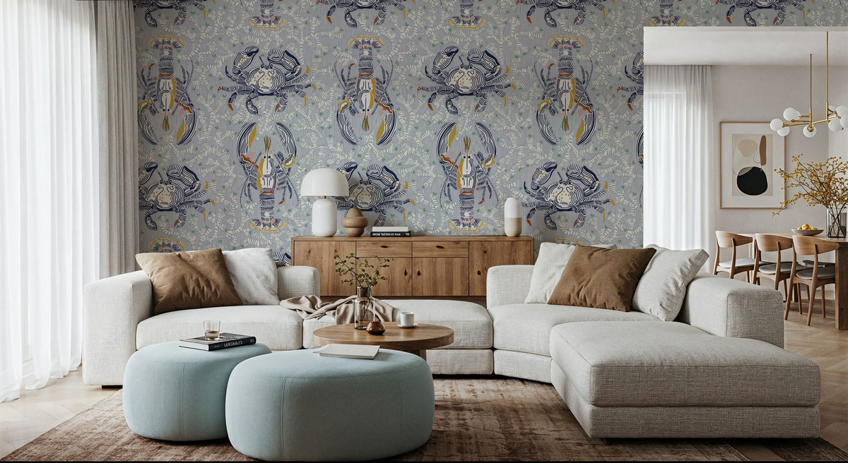 Lobster and Crab Coastal Nostalgia, Grey Mural Wallpaper - room preview 04