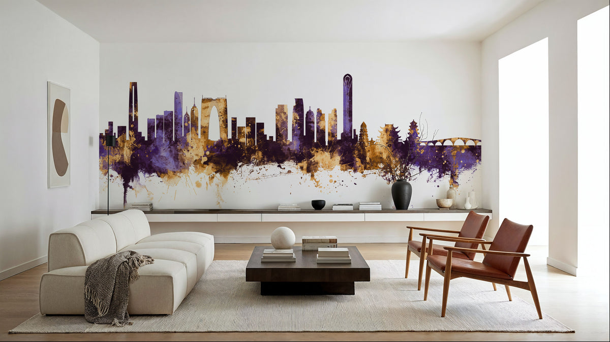 Suzhou China Skyline Purple & Gold Mural Wallpaper - room preview 04