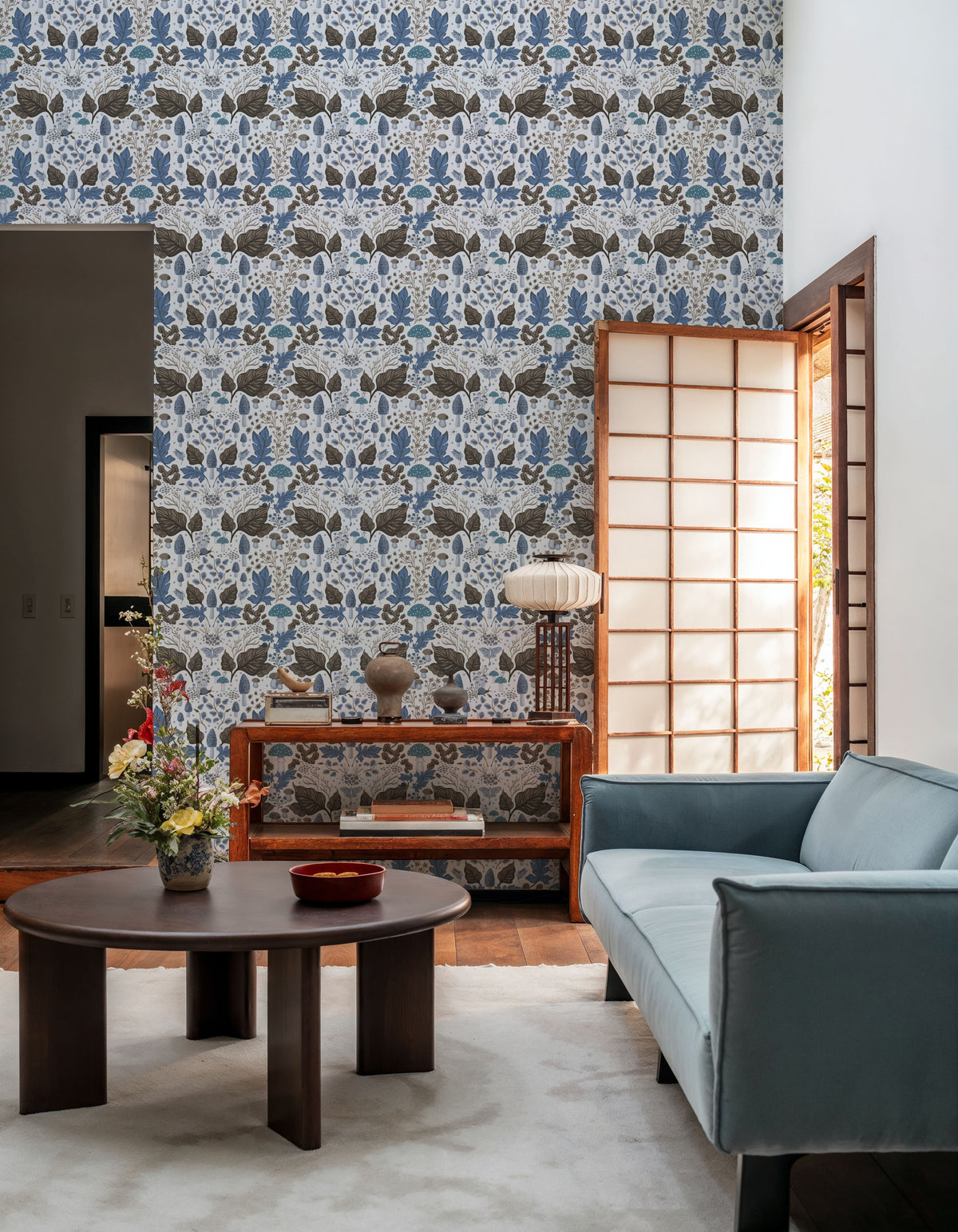 Autumn Forest Illustration, Light Blue Mural Wallpaper - room preview 04