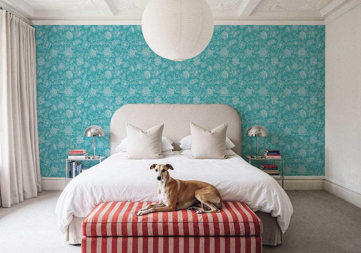 Kala Flowers White on Turqouise Mural Wallpaper - room preview 04