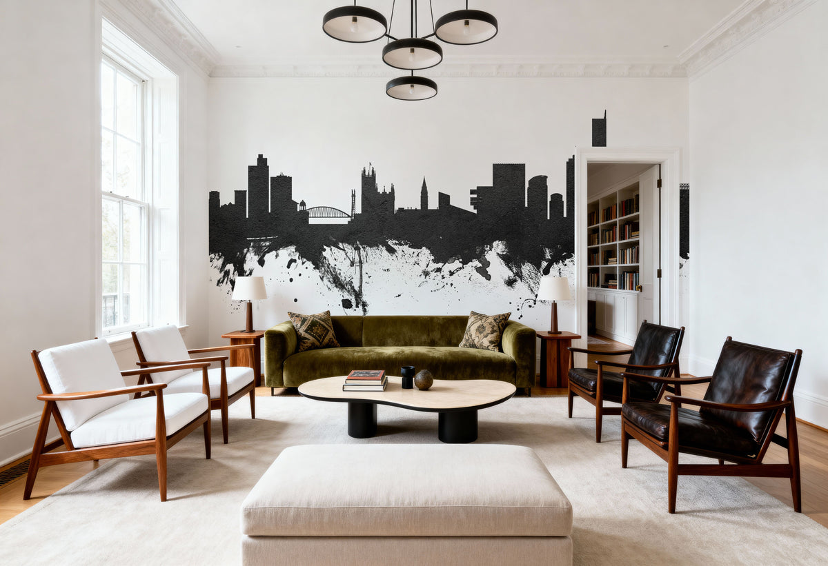 Manchester England Skyline Black & White Mural Wallpaper - room preview 04